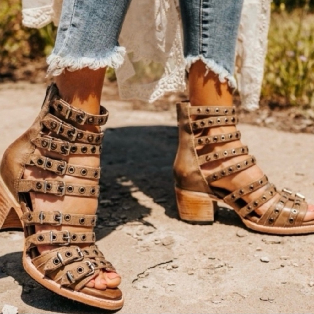 freebird Brown Strappy Studded Heeled Sandal Booties